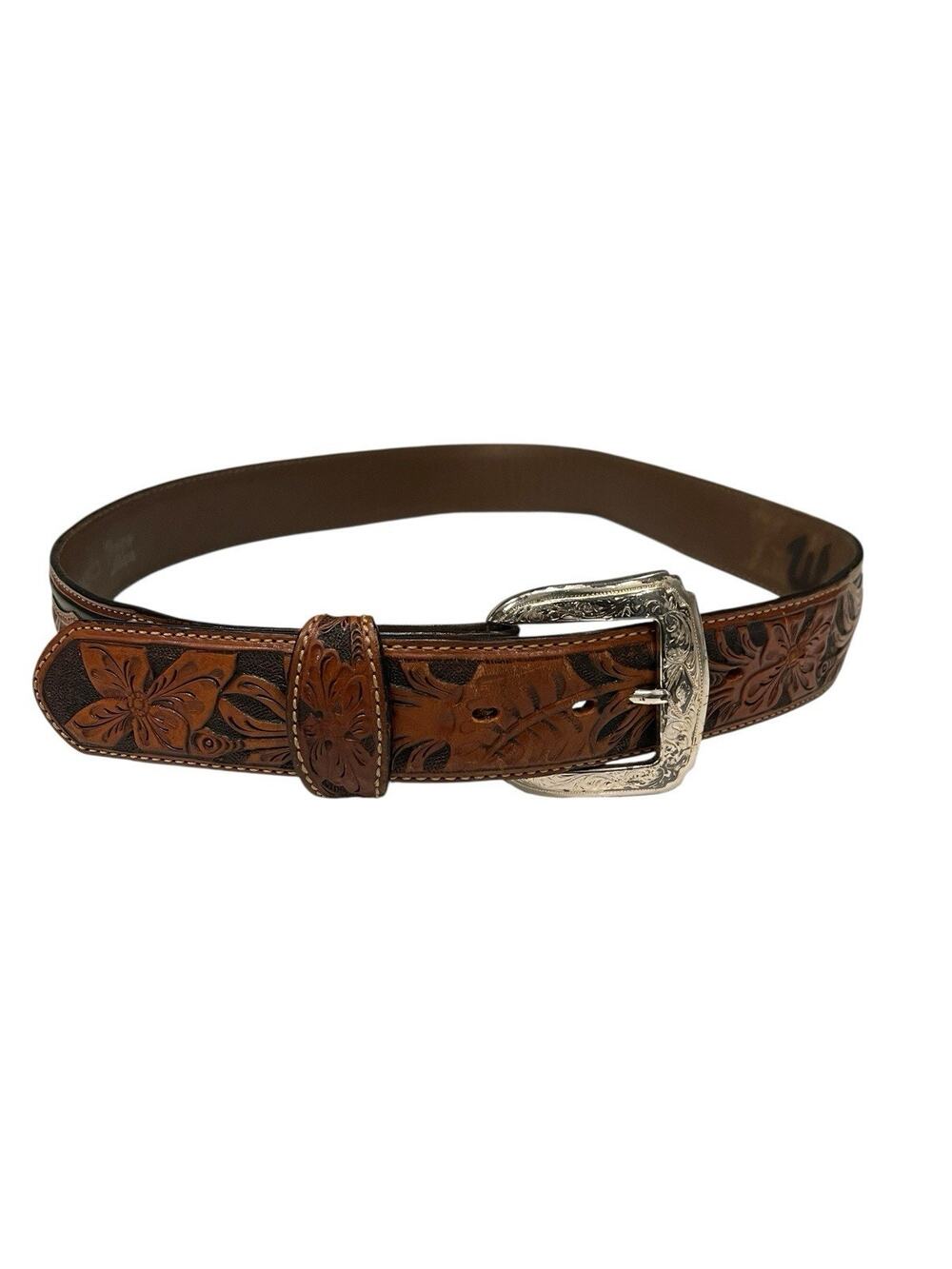 Tony Lama Mens Belt Size 34 Brown Leather Tooled Western Floral